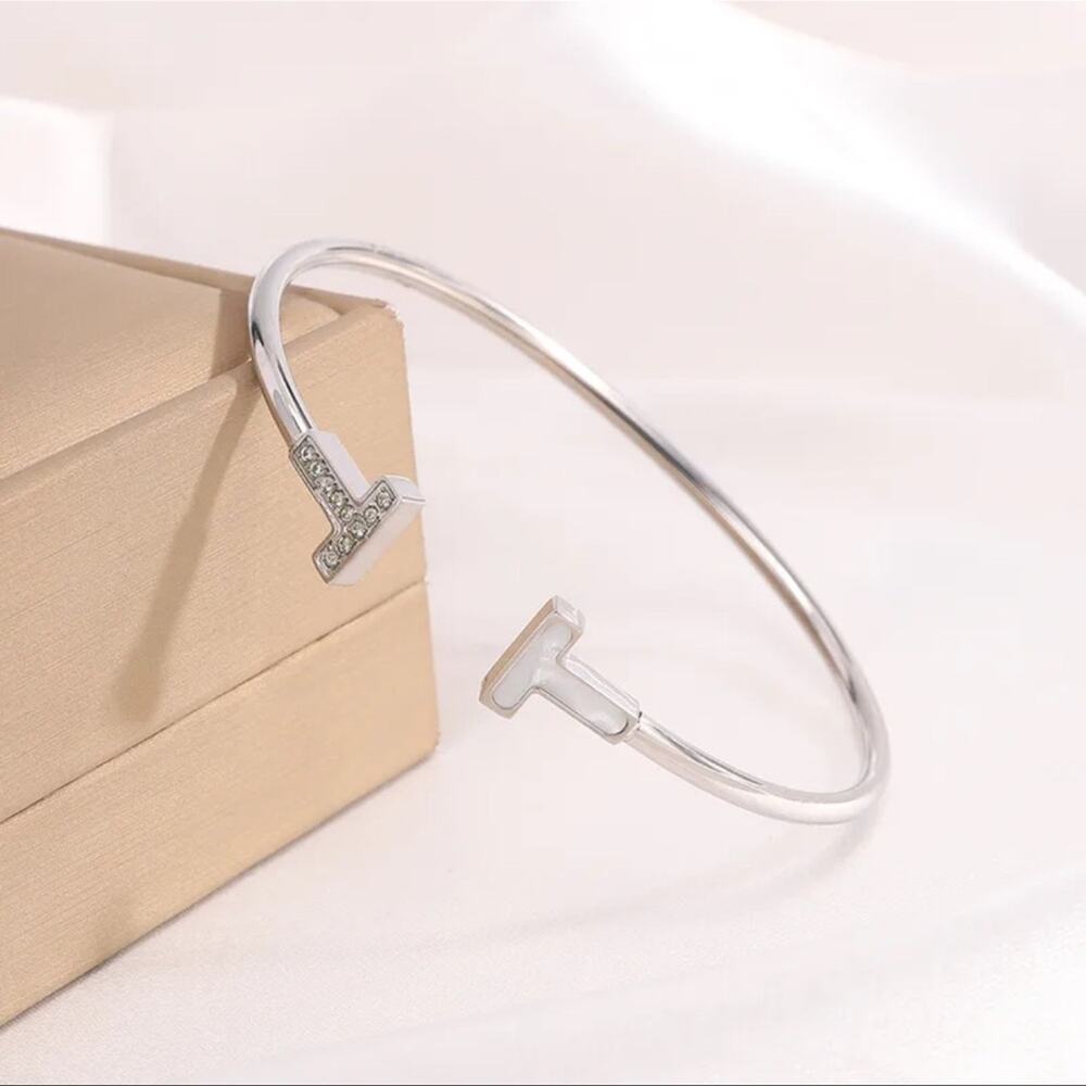 Silver T' Zircon Designer Open Cuff Bangle Bracelet